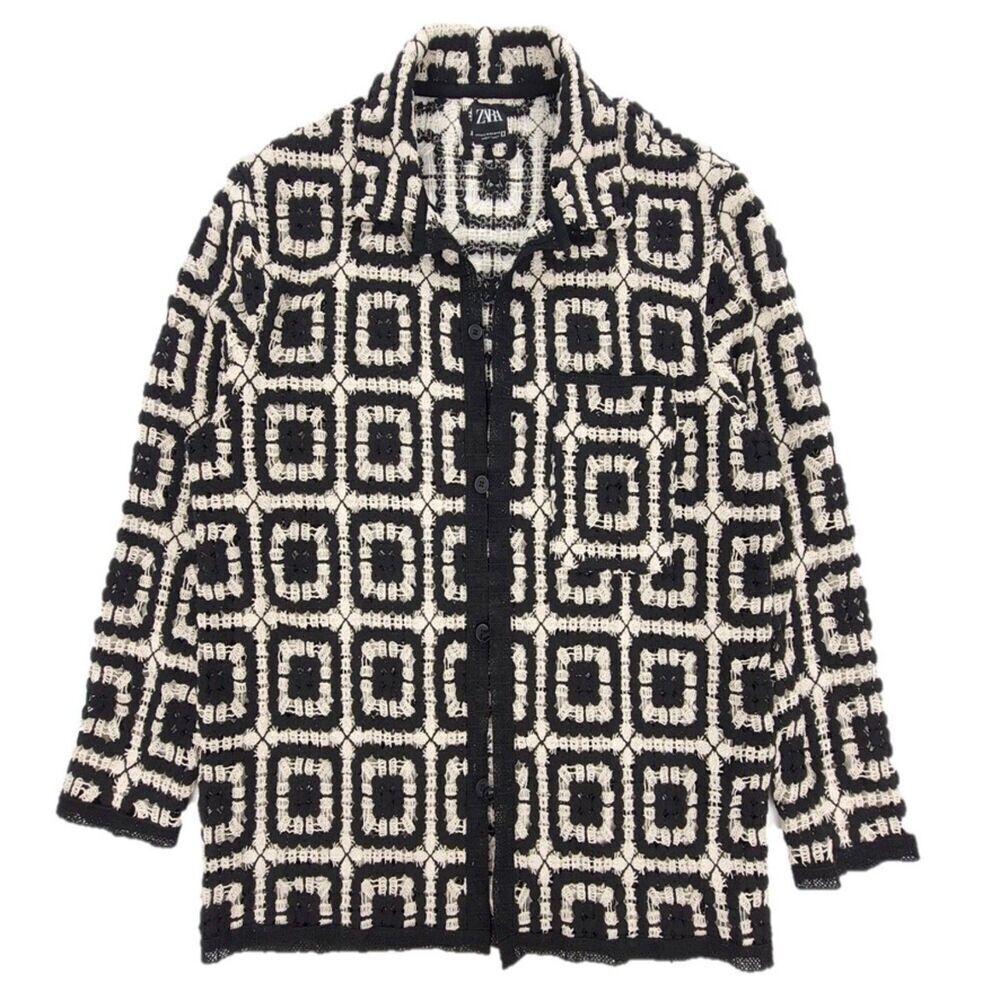 NEW Zara Crochet Overshirt Beachy Boho Knit Button Down Shirt Jacket Black Ecru